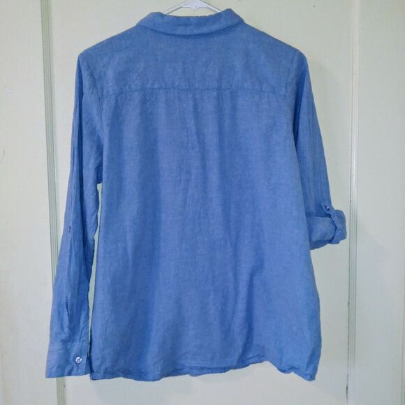 Collections Etc Large Aztec Embroidered Chambray Popover Blouse-Roll Tab Sleeve - Picture 6 of 9